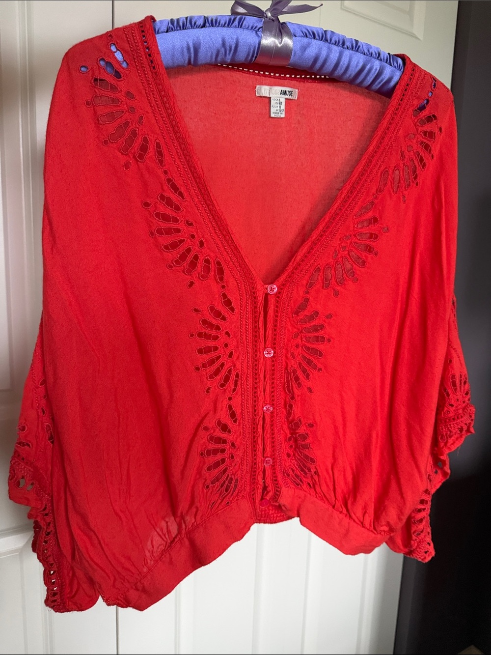Amuse Society Red Cutout V-Neck Bat Sleeves Button Front Blouse
